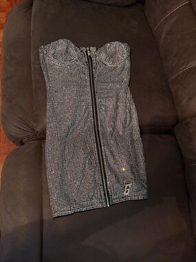 Silver Sequin Strapless Mini Dress with Front Zip